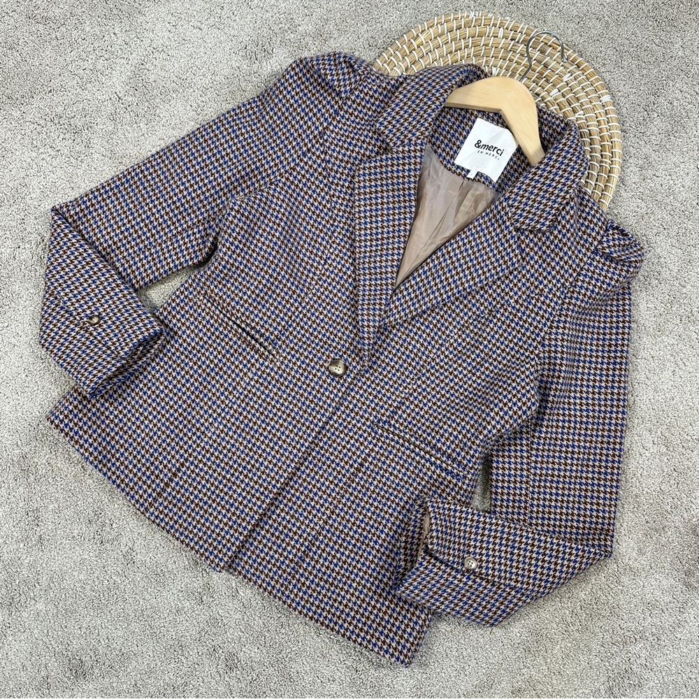 &merci Women’s Sloan Houndstooth Blazer Puff Sleeve Classic in Brown Size L - Picture 3 of 16